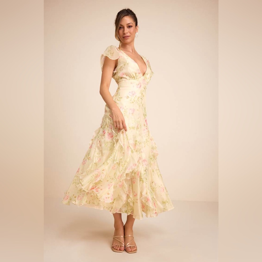 Deluca Light Green Floral Ruffled Midi Dress NWT!